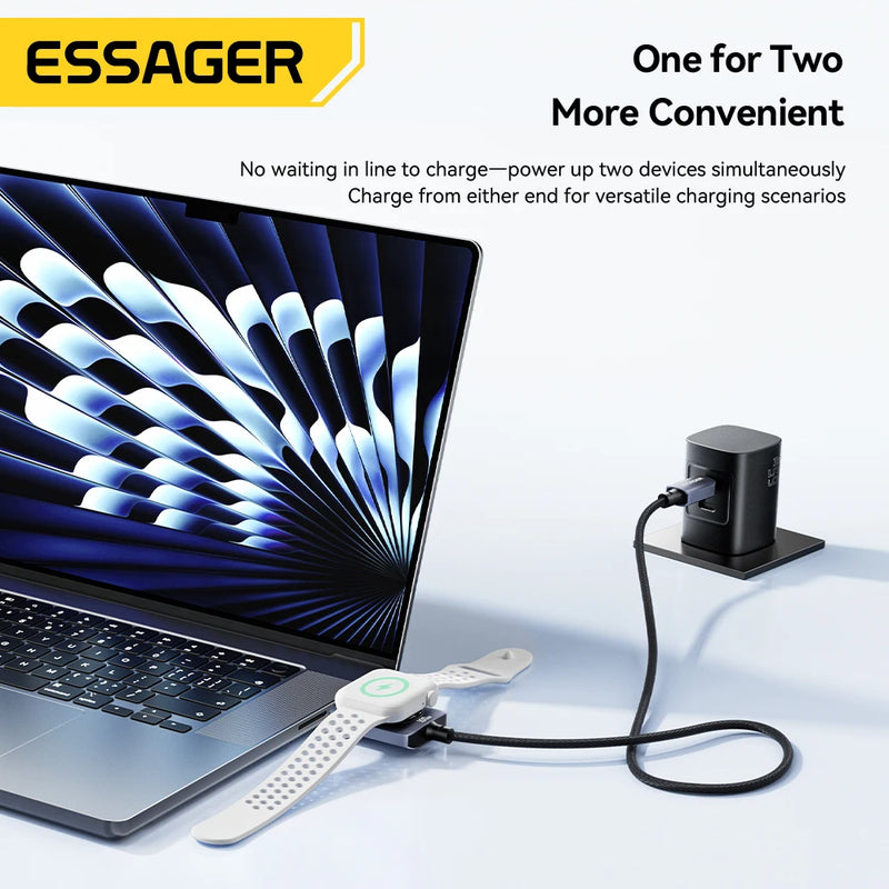 ខ្សែសាកនាឡិកា Essager 100W 2 ក្នុង 1 សម្រាប់ iPhone17 16 15 Pro Max iWatch ឆ្នាំងសាកម៉ាញេទិកប្រភេទ C ទៅប្រភេទ C ខ្សែសាកលឿន