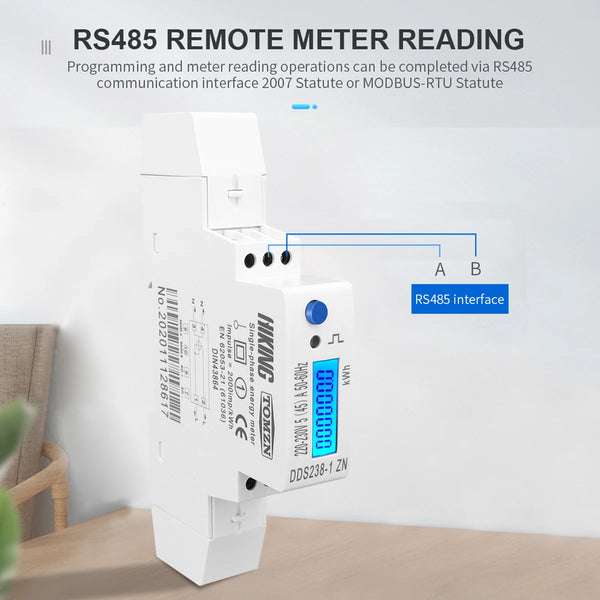 TOMZN Single-Phase DIN Rail kWh Energy Meter – 5(45)A, 45A, 220V–230V, 50/60Hz, LCD Display with Blue Backlight