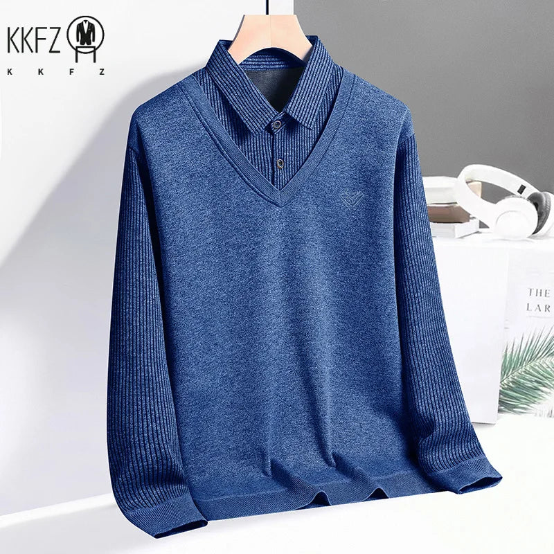 Daily Versatile Men Pullover Fake Two Piece Construction Vertical Stripe Sleeves Lapel Collar Subtle Embroidered Logo