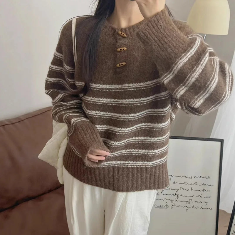 Pull Femmes Tendances 2025 Fashion Striped Women's Sweater Spring Autumn Knitwear Woman Clothes Pullover Long Sleeve Tops