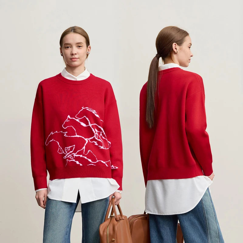 Amii Women's Sweater 2025 Winter New Crew Neck Women's Long Sleeve Top Casual Jacquard Knitwear Loose Versatile Top 12544178