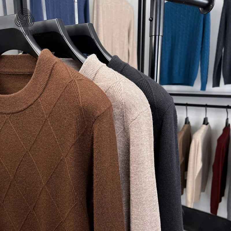 100% Wool Sweater, Diamond Knit Hand-Knit Texture, Autumn Winter Warm, Cambridge Brown Business Casual Pullover