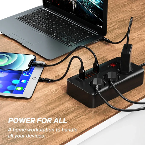 រន្ធដោតភ្លើង 2500W ចំនួន 3 របស់ EU សាកលឿនសម្រាប់កុំព្យូទ័រលើតុ QC3.0 USB Charger Hub ស្ថានីយ៍សាកលឿនសម្រាប់ iPhone Samsung Laptop