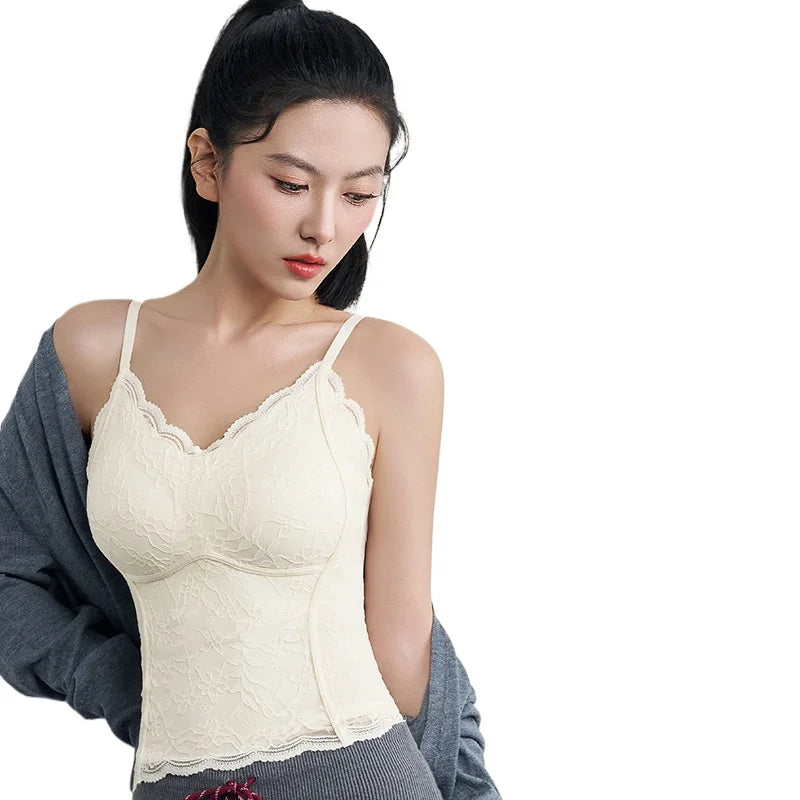 Sexy Slim-fitting French Lace Sling Vest for Women Fixed Cup Double Breasts Gathered Inner Top One Piece Sleepwear Pajamas