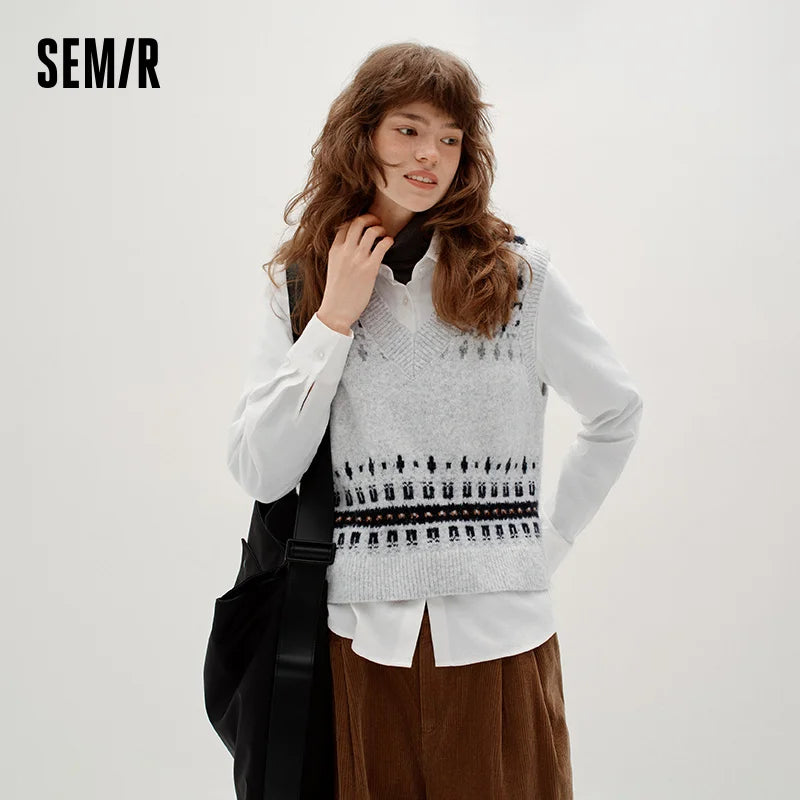Semir Women Winter Shirt Geometric Jacquard Loose Fit Brushed Fabric Turn Down Collar Commuter Style Two Piece Layering