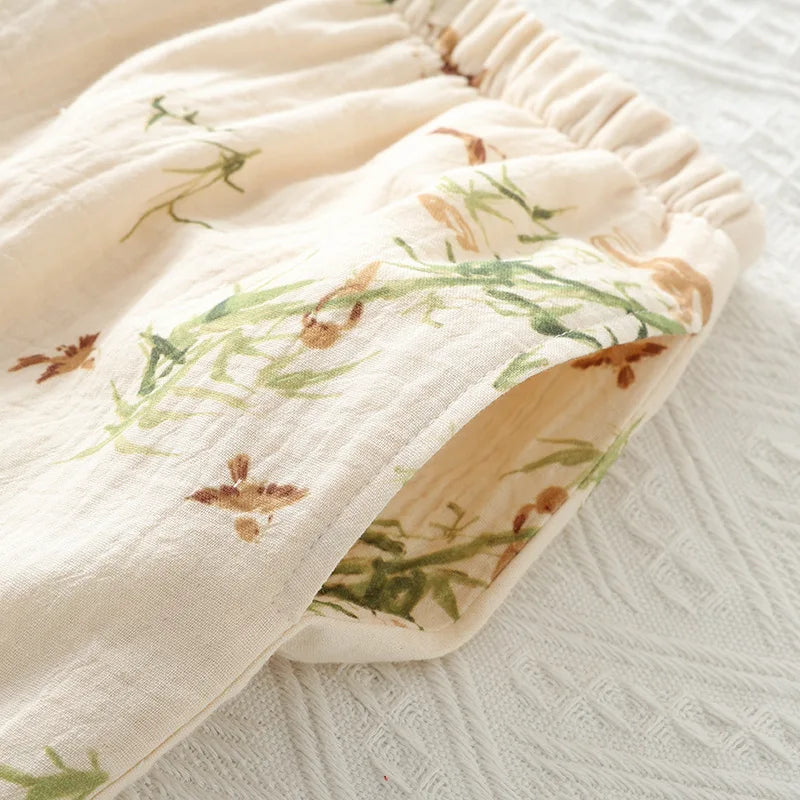 ឈុតផ្កាបីដុំ Pijama Mujer ថ្មីកប្បាសនិទាឃរដូវរដូវស្លឹកឈើជ្រុះ Pajamas ឈុត 3/4 ដៃអាវគេងសម្រាប់ស្ត្រី ឈុតគេងនៅផ្ទះ Pajama Femme