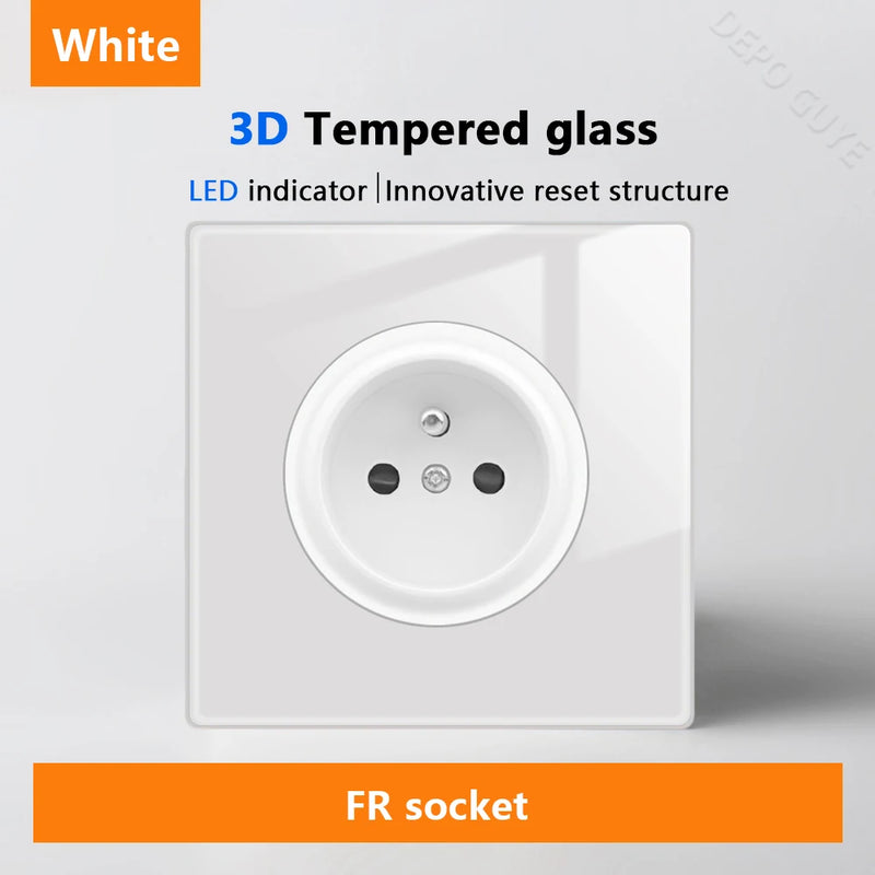 White LED indicator light switch Panel glass piano key Self-reset wall switch socket,UK Universal USB Type-C Electrical outlet