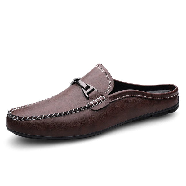 Men's Backless Loafers Mules Shoes with Buckle Slip on Casual Loafers Non-slip Leather Driving Shoes for Men Summer Outdoor