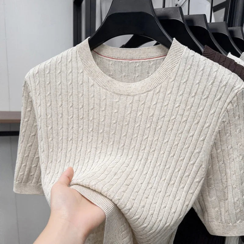 Men's Summer Short Sleeve Knitted Sweater | Linen Blend Crew Neck | Lightweight Breathable Jacquard T-shirt
