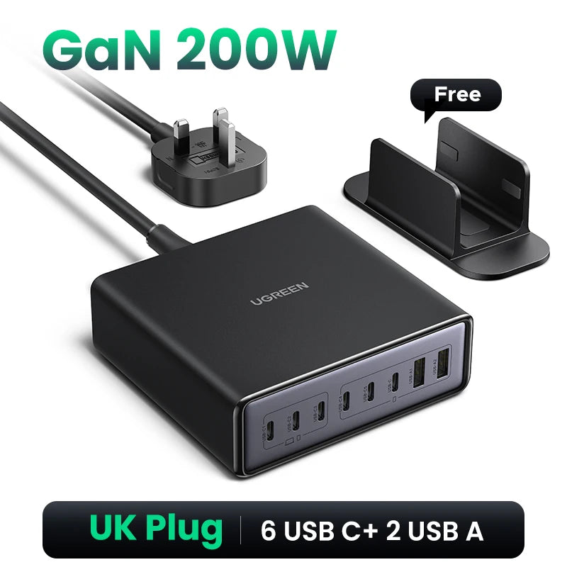 UGREEN 200W GaN Charger 8 in 1 Desktop Laptop Fast Charging Stand For iPhone 18 17 16 Pro Max Macbook Air Xiaomi Samsung Tablets