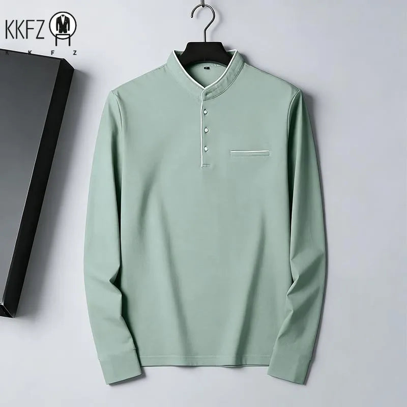2026 New Men's Navy Blue Stand Collar Long Sleeve Polo Shirt Office Business Commute Top