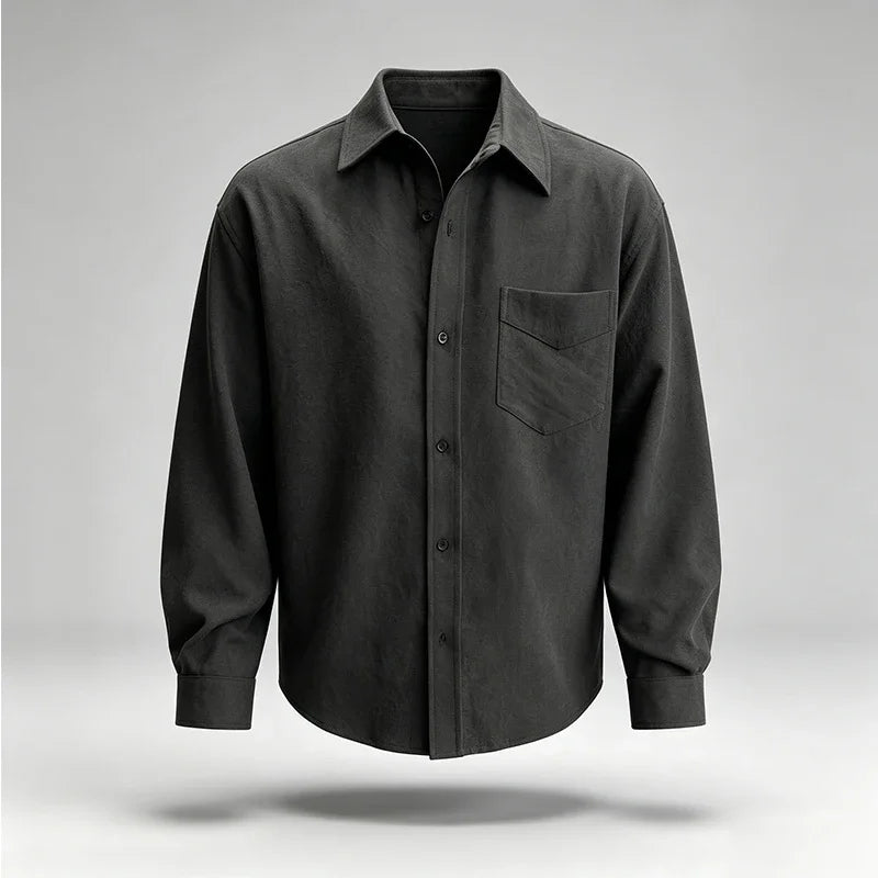 Mens Simple Button Front Long Sleeve Shirt Turn Collar Single Pocket Loose Oversized Fit Daily Outer Garment