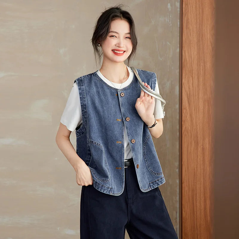 Fashion Versatile Vest Loose Denim Short Jacket Sleeveless Top Women Spring Autumn Buttons Female Waistcoat Casaco Feminino
