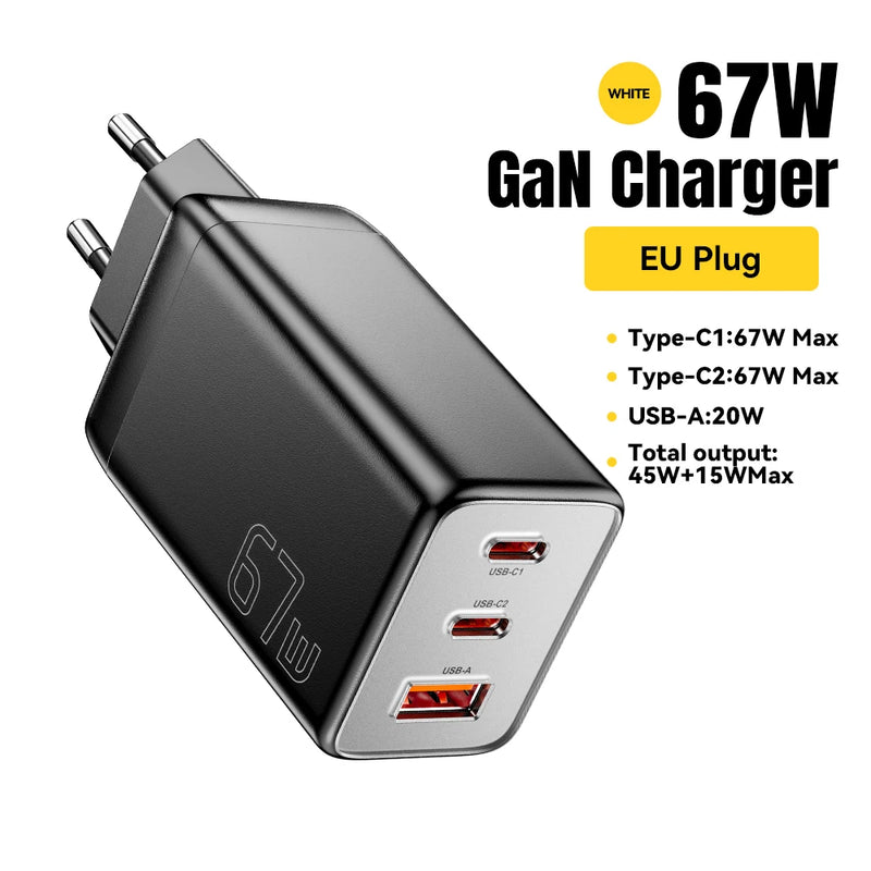 ឆ្នាំងសាក Essager GaN 67W USB C ឆ្នាំងសាកលឿន 4.0 3.0 PD 3.0 ប្រភេទ C PD ឆ្នាំងសាក USB សម្រាប់ iPhone 17 16 15 Pro MacBook Huawei កុំព្យូទ័រយួរដៃ