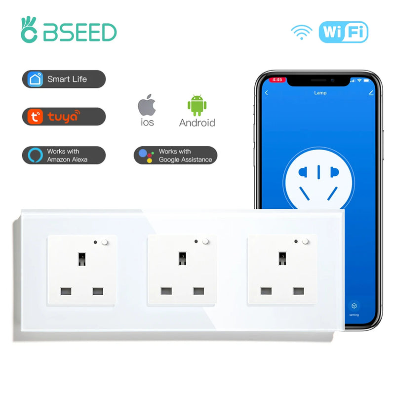 BSEED UK Standard Wifi Smart Socket Smart Double Electric Power Outlets Support Tuya Smart Iife Alexa Control 13A
