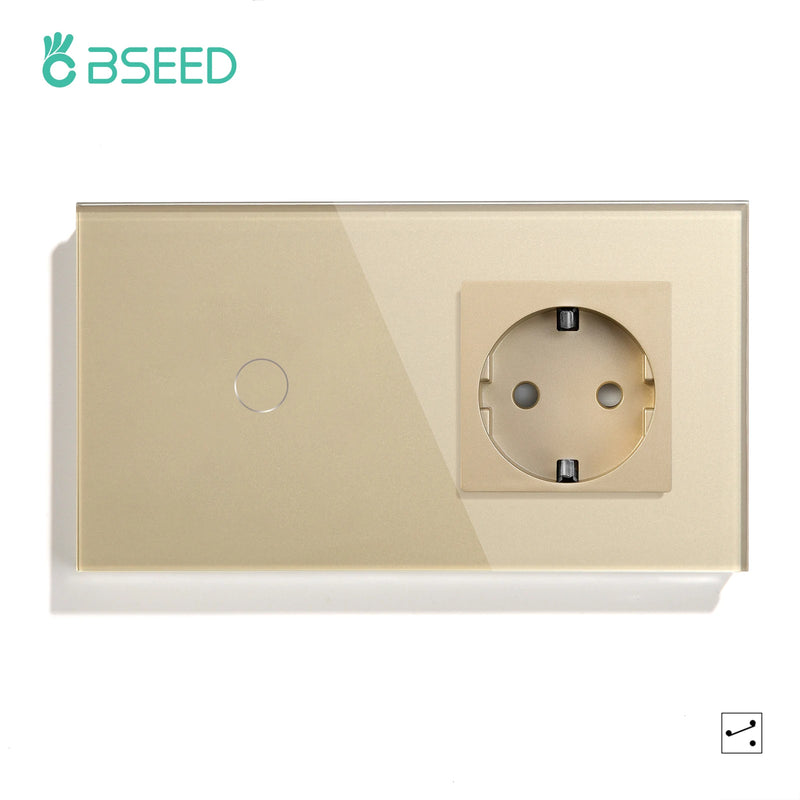 Bseed Touch Light Switch 1/2/3Gang 2Way Wall Socket Type-C USB Port Light Switches For Stairs Glass Panel Blue Backlight 240V