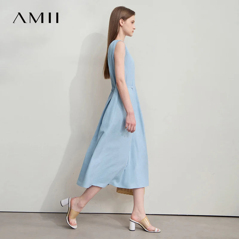AMII រ៉ូបម៉ូដនារីបែប Minimalism កមូល ដៃអាវគ្មានដៃ រ៉ូបខ្សែអង្កាំ រ៉ូបសម្រាប់នារី រ៉ូបរលុងប្រចាំថ្ងៃ 12542132