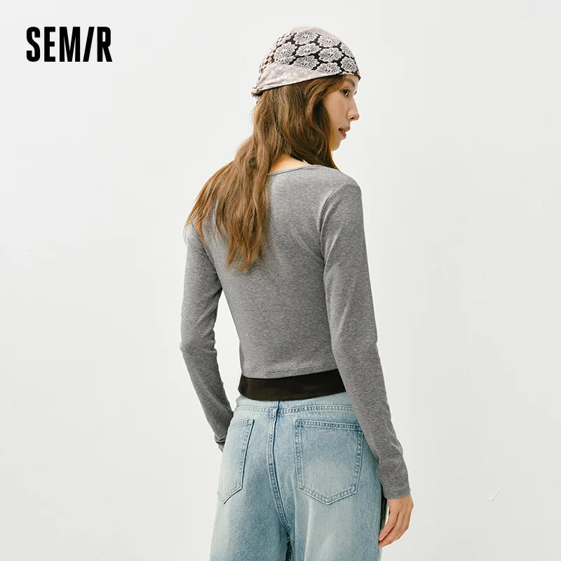 Semir Women Tshirt 2026 Spring Short Halter Neck Slim Fake Two Piece Elegant Trendy Long Sleeve Fashion Tops