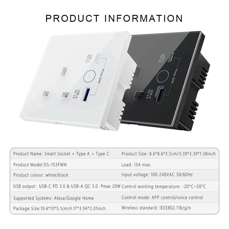 UK WiFi Smart Tuya USB Type-C 20W Fast Charging Socket Glass 13A Outlet Touch Switch Wireless Charge Work with Alexa Google Home