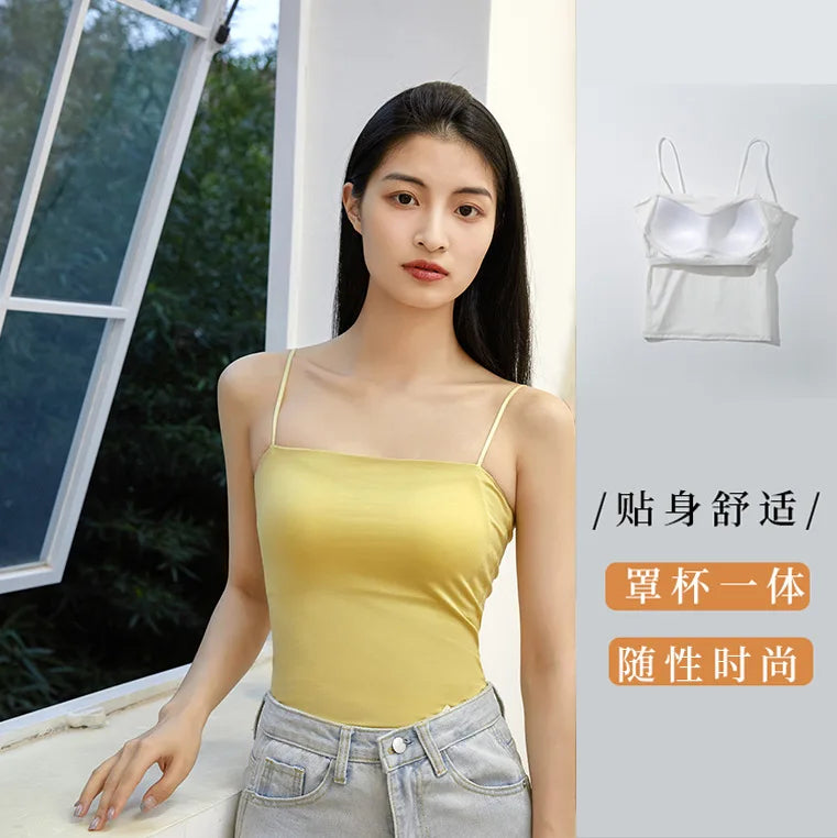 Modal Cotton One Word Collar Underwear Strap Chest Pad Sling Slim Vest for Women One Piece Sleepwear Pajamas Top Pyjama Femme