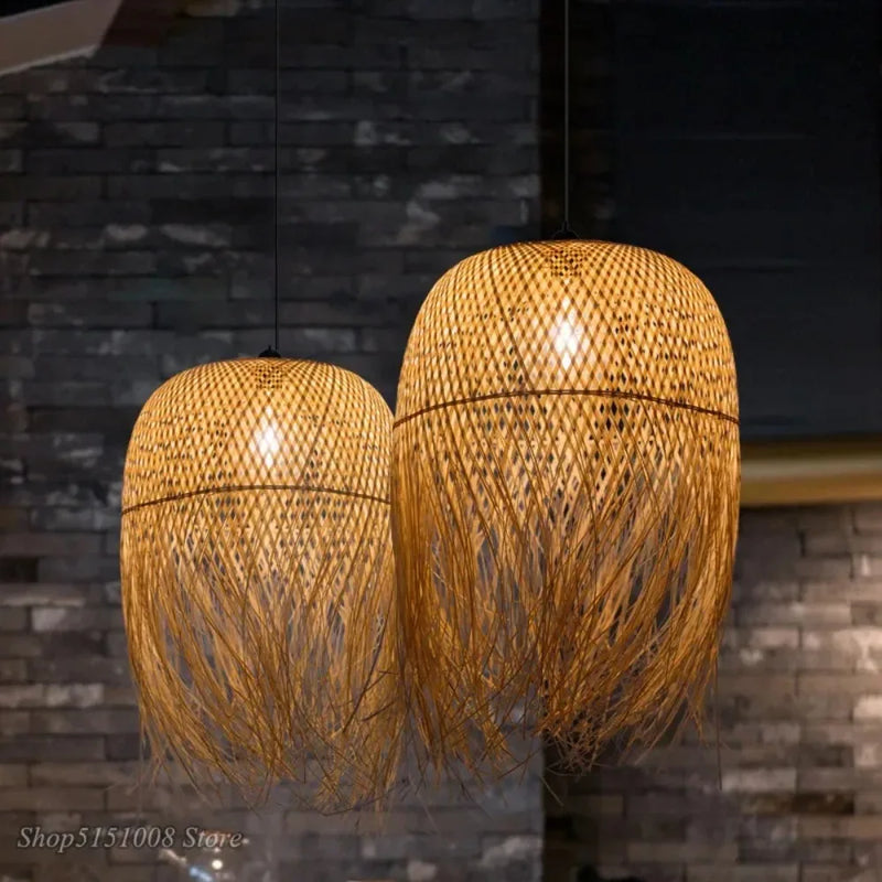 Vintage Bamboo Chandelier Natural Handmade Woven Rattan Pendant Lights E27 Hanging Lamp Restaurant Tea Room Living Room Cafe