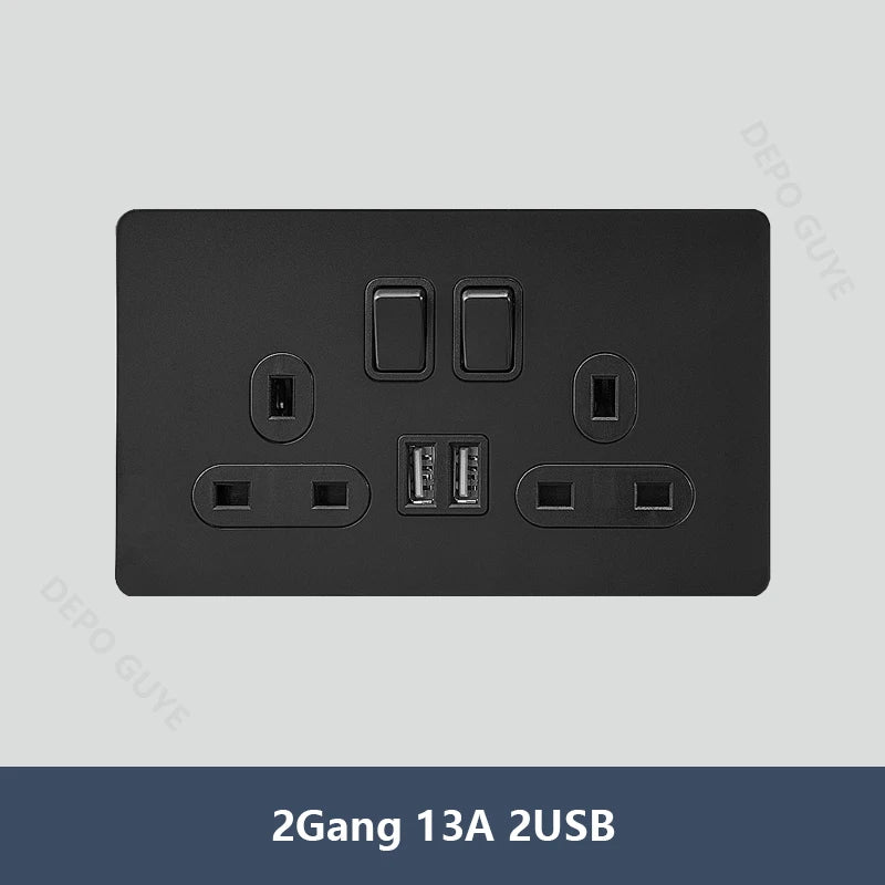 Black Vintage Toggle EU FR Lamp Switch Socket,Retro Brass Lever Light Switch Univeral Stainless Steel Dual Wall Socket With USB