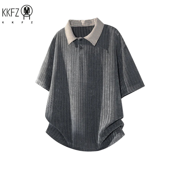 Mens Textured Knit Short Sleeve Polo Top Contrast Collar Oversized Cutting Suitable For Vacation Dating And Casual Scenes