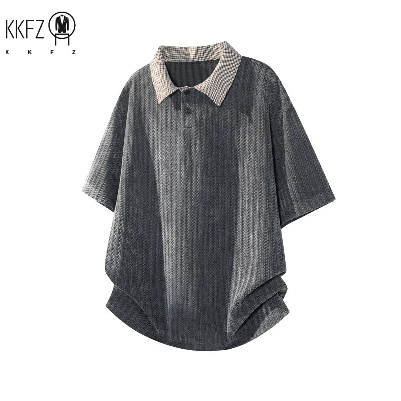 Mens Textured Knit Short Sleeve Polo Top Contrast Collar Oversized Cutting Suitable For Vacation Dating And Casual Scenes