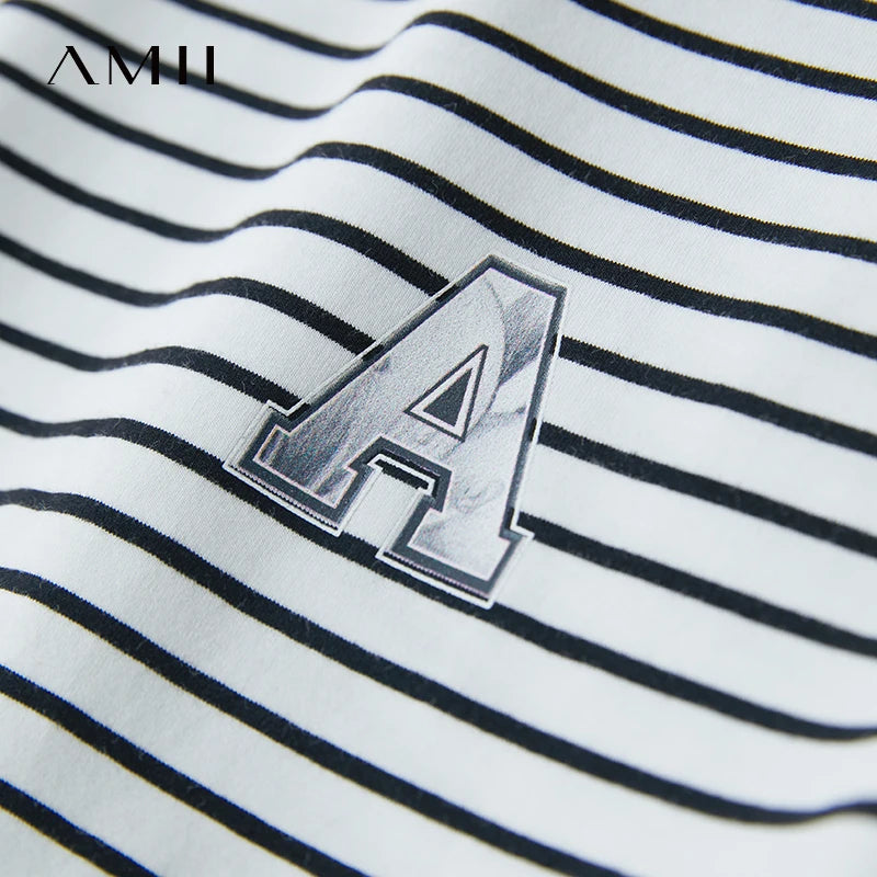 Amii 2026 Minimalist T-shirt Women Loose Elastic Striped Pure Cotton Dropped Shoulder Short Sleeves Printed Casual Tee 12522002