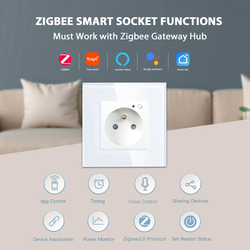 BSEED ZigBee Smart FR Socket Double Powe Sockets Triple Wall French Oulets Work With Tuya Google Home Smart Life Alexa