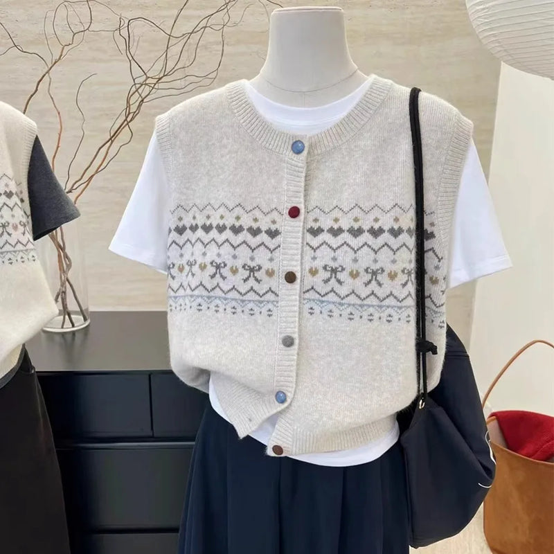 Retro Jacquard Knitted Cardigan Vest Women's Spring Autumn Round Neck Lazy Wind Casual Stacked Top Sleeveless Knitwear Sweater