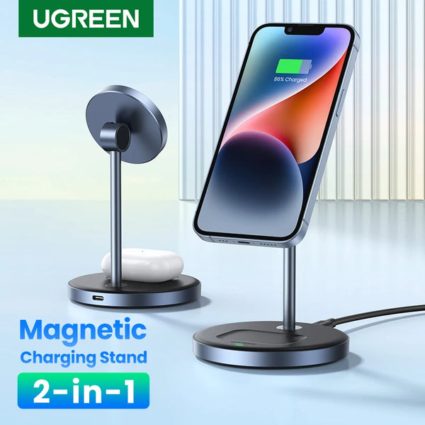 ជើងទ្រឆ្នាំងសាកឥតខ្សែ UGREEN Qi Magnetic Wireless Charger Stand សម្រាប់ iPhone 16 15 Pro Max/AirPods Fast Charger MagSafe Charging