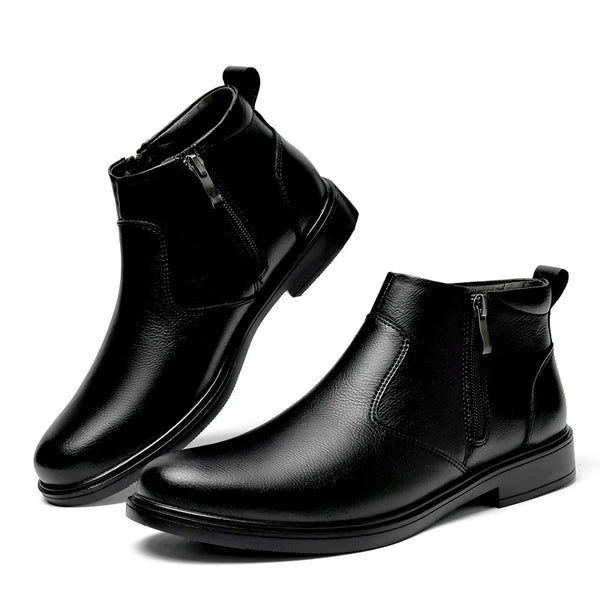 Men's Chelsea Ankle Boots Leather With Double Side Zippers "Plush" and "No Plush" two options