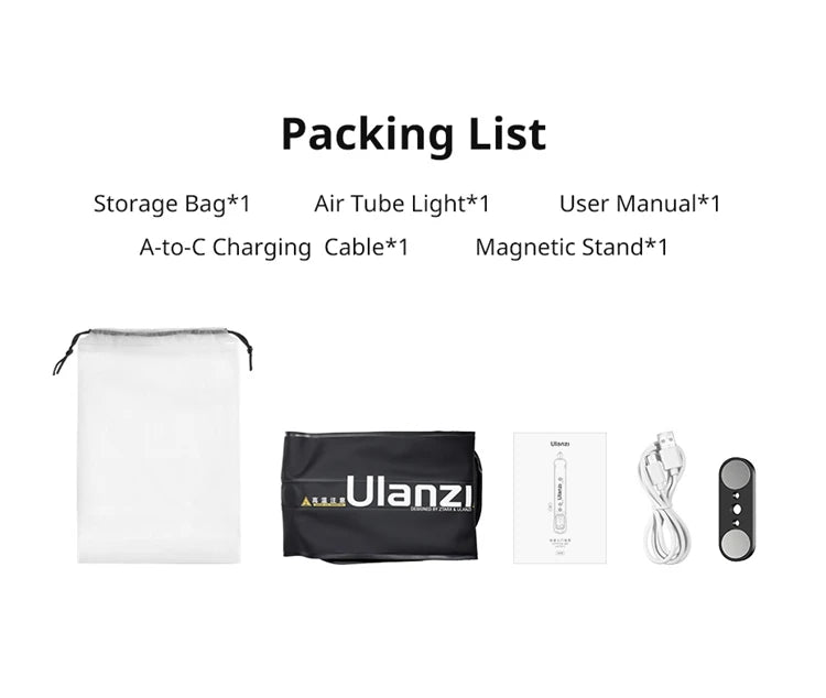 ដំបងភ្លើង Ulanzi UA12 12W បំប៉ោង TPU Air Tube 2700K-6500K ពីរពណ៌ ចល័ត ជើងទ្រម៉ាញេទិក សម្រាប់ការផ្សាយផ្ទាល់