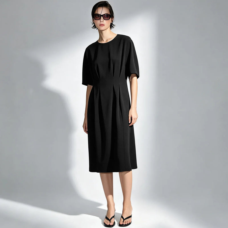 Amii Midi Dress Woman 2026 Summer New Round Neck Short Sleeve Dolman Elegant Office Fitted Waist Women's Casual Dresses 12622176
