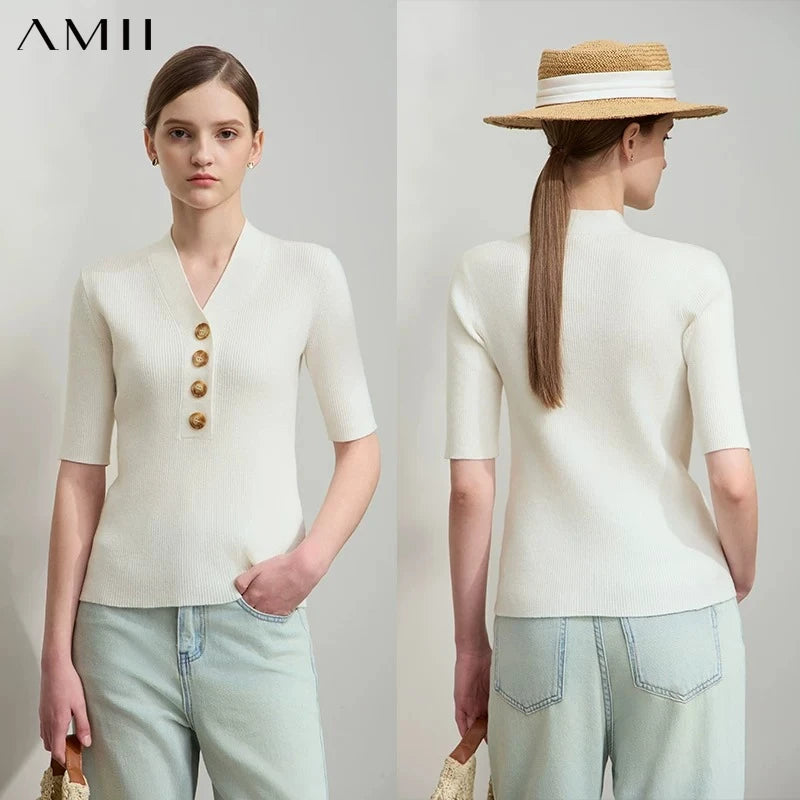 អាវយឺតប៉ាក់ AMII Minimalist សម្រាប់ស្ត្រី រដូវស្លឹកឈើជ្រុះឆ្នាំ ២០២៦ រចនាប័ទ្ម New England សម្រាប់ធ្វើដំណើរ ក V ស្លីមស្តើង អាវប៉ាក់ ១២៥២១០៨៦