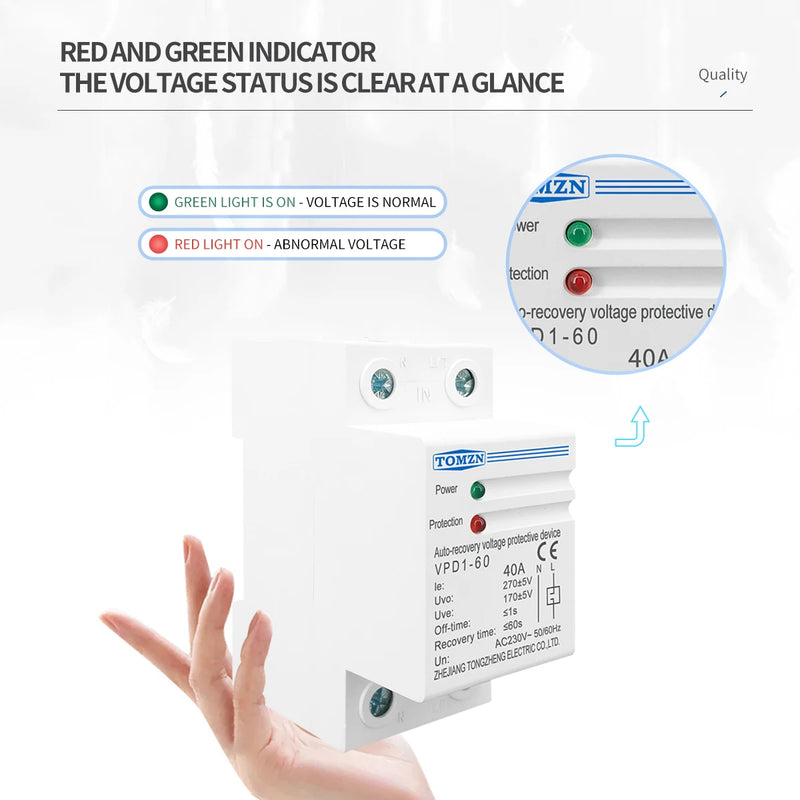 TOMZN 230V Household Din Rail Automatic Recovery Reconnect Over Voltage and Under Voltage Protective Device Protector