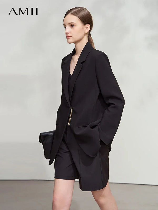 អាវធំ AMII Minimalist Blazer សម្រាប់នារី រដូវស្លឹកឈើជ្រុះ ឆ្នាំ២០២៥ ថ្មី កអាវបើកចុះ អាវក្រៅមានខ្សែសង្វាក់ អាវក្រៅស្មា ពណ៌ខ្មៅ 12521063