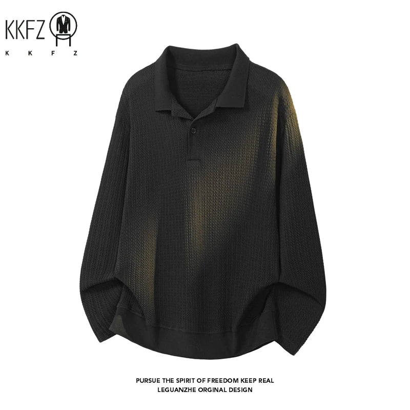 Mens Long Sleeve Lapel Collar Polo Shirt Waffle Knit Soft Fabric Loose Curved Hem Casual Top For Autumn