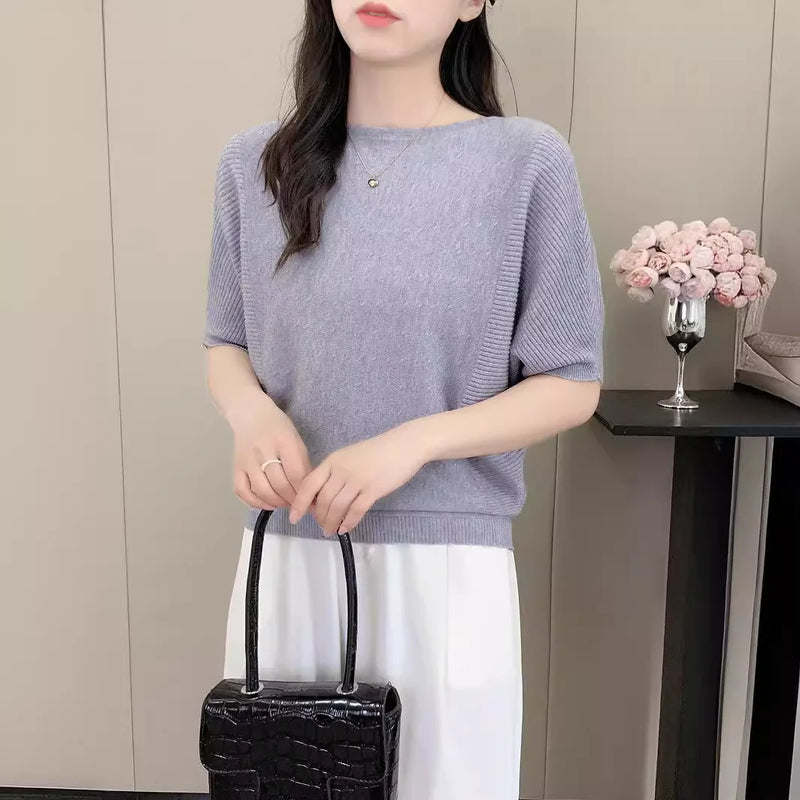 Bat-sleeved Knitted Sweater Women's One-word Collar Top Thin Spring Summer Pullover Shirt Ladies Jumper Pull Femme Knitwear
