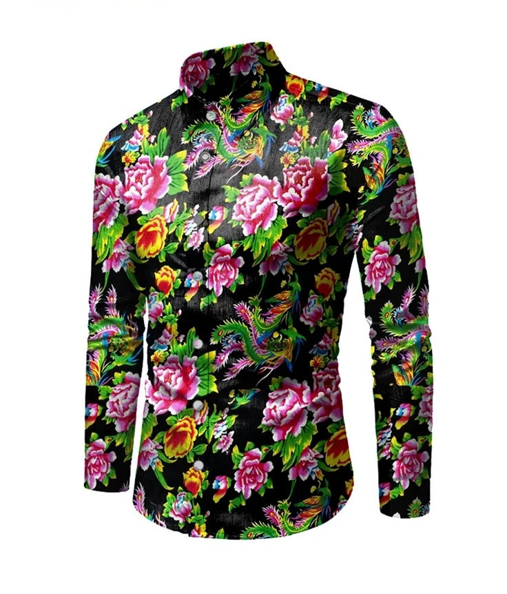 2026 Chinese Style Bright Men's Red Print Long Sleeve Shirt, Single Breasted Lapel Shirts, Green Black Fashion Casual Camisa