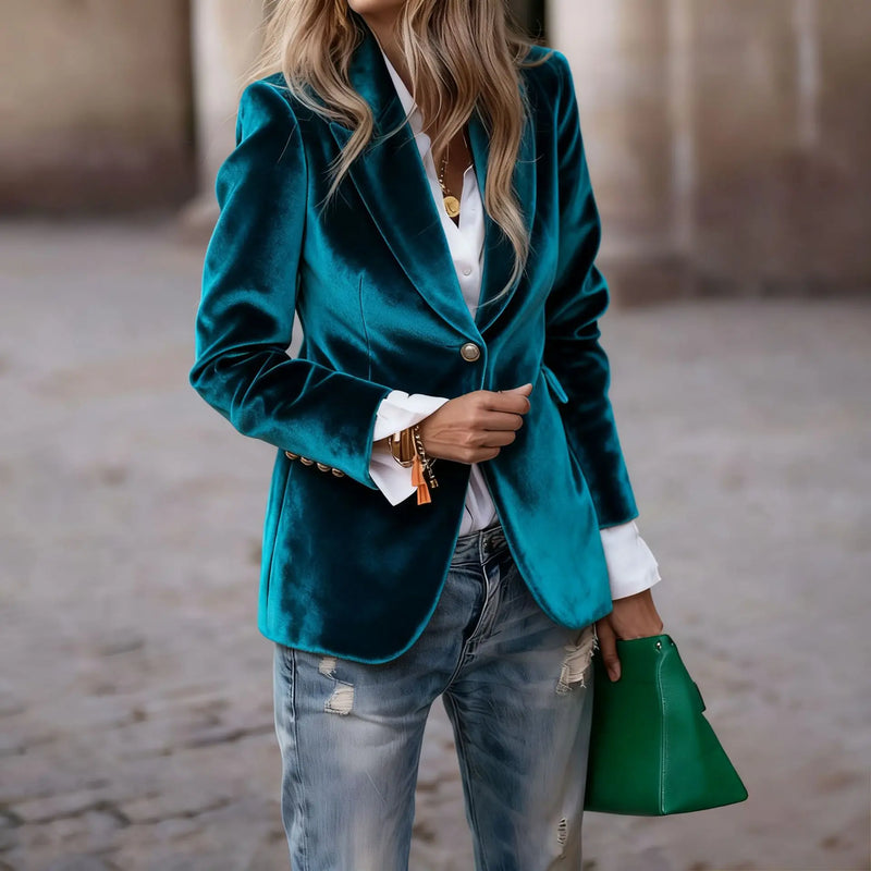 Elegant Women's Long-sleeve Blazer, A V-neck Jacket Made of Corduroy. Available in Black,Purple,Brown,Yellow,Red,Blue,Green,Gray