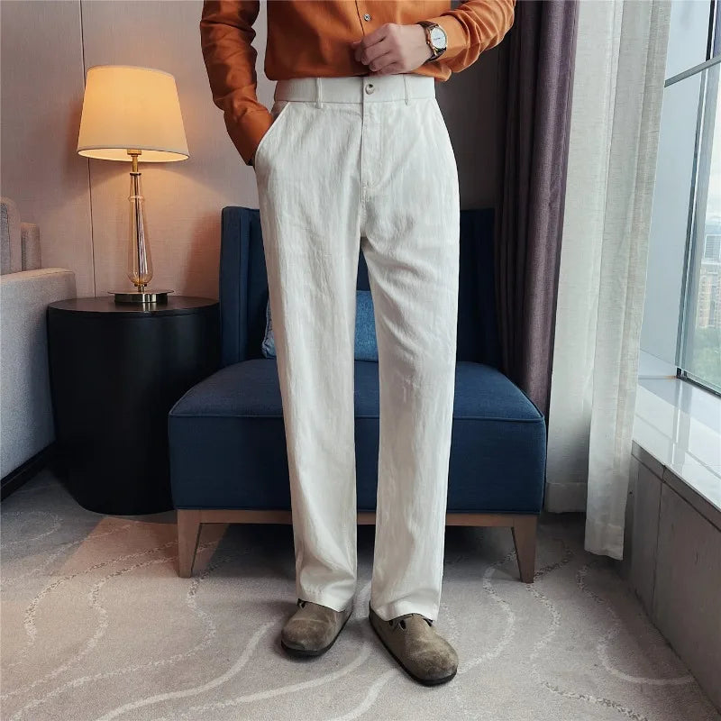 Men's Tencel Linen Blend Relaxed-Fit Straight Trousers – Breathable Summer Casual Pants with Elastic Waist & Cooling Texture