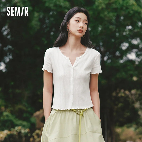 អាវយឺតស្ត្រី Semir ឆ្នាំ ២០២៦ ខ្លី លំនាំ Jacquard ស្ដើង កប្បាសសុទ្ធ គែមរួញ ធម្មតា
