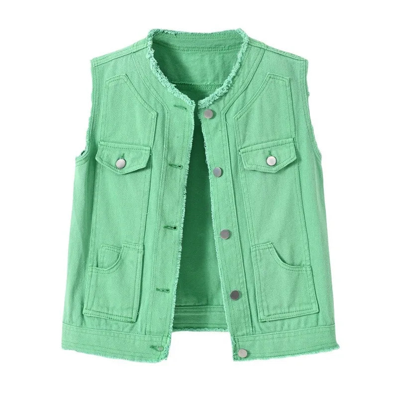 2026 Women's Pink Sleeveless Vest Jacket, Single Breasted Reason Denim Jacket, Asian Size, White Green Orange Yellow Available