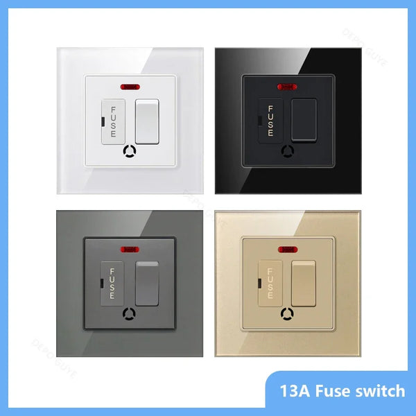 86 Type UK 13A Switch With Fuse Electrical Switch Light Spurs Neon Black White Grey Tempered glass Fuse 13A Wall Switch Panel