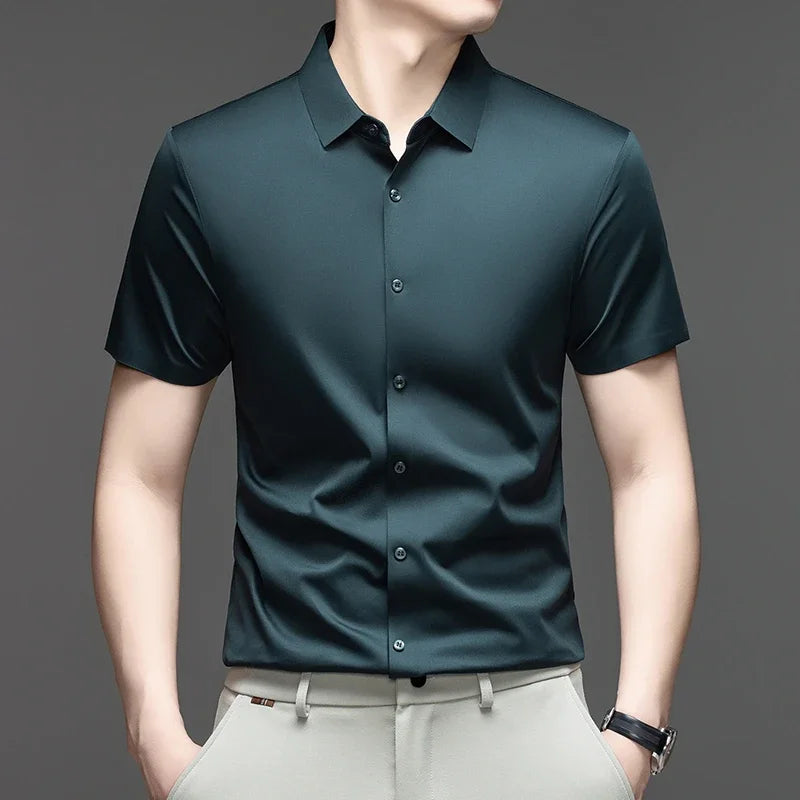 Mens Casual Short Sleeve Button Down Shirt Ice Silk Lightweight Breathable Wrinkle Resistant Summer Top