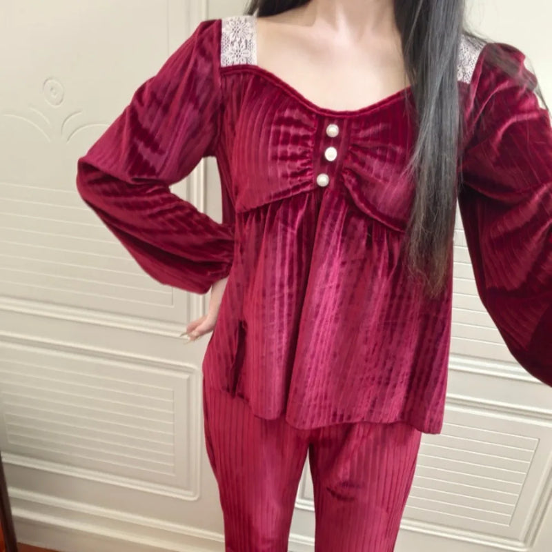 Chest Pad Lady Long-sleeved Two-piece Suit Sleepwear Pajamas New Spring Autumn 2026 Elegant Home Clothes Pyjama Femme Nightwear
