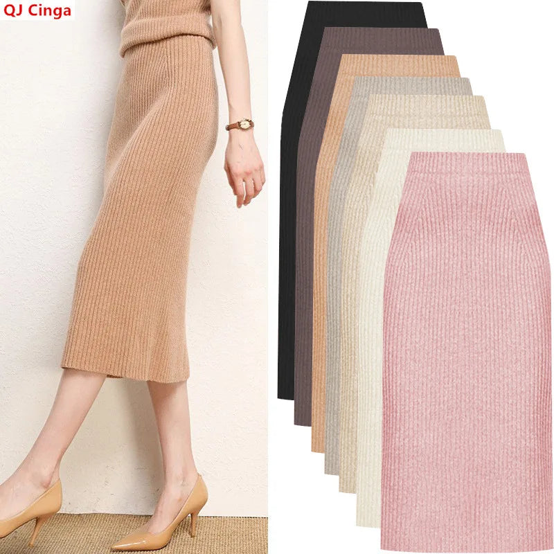 Women's Brown Knit Skirt for Winter, High-waisted, Pink, Calf-length; Available in Black, Beige, and Apricot.