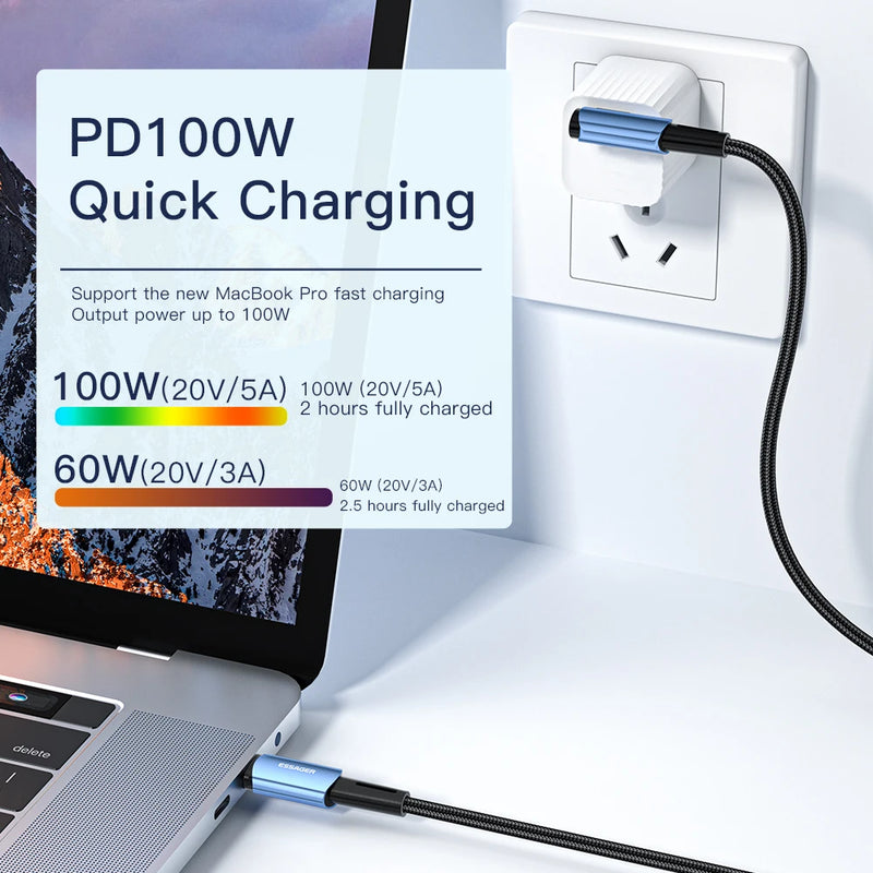 ខ្សែសាក Essager 100W USB Type C ទៅ USB C មុំ 90 ដឺក្រេ សម្រាប់ iPad MacBook Pro Xiaomi Samsung Huawei សាកលឿន Type-C ខ្សែកាលបរិច្ឆេទ